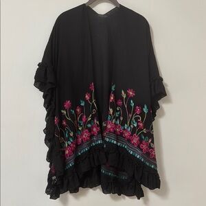 Floral Embroidered Black Kimono